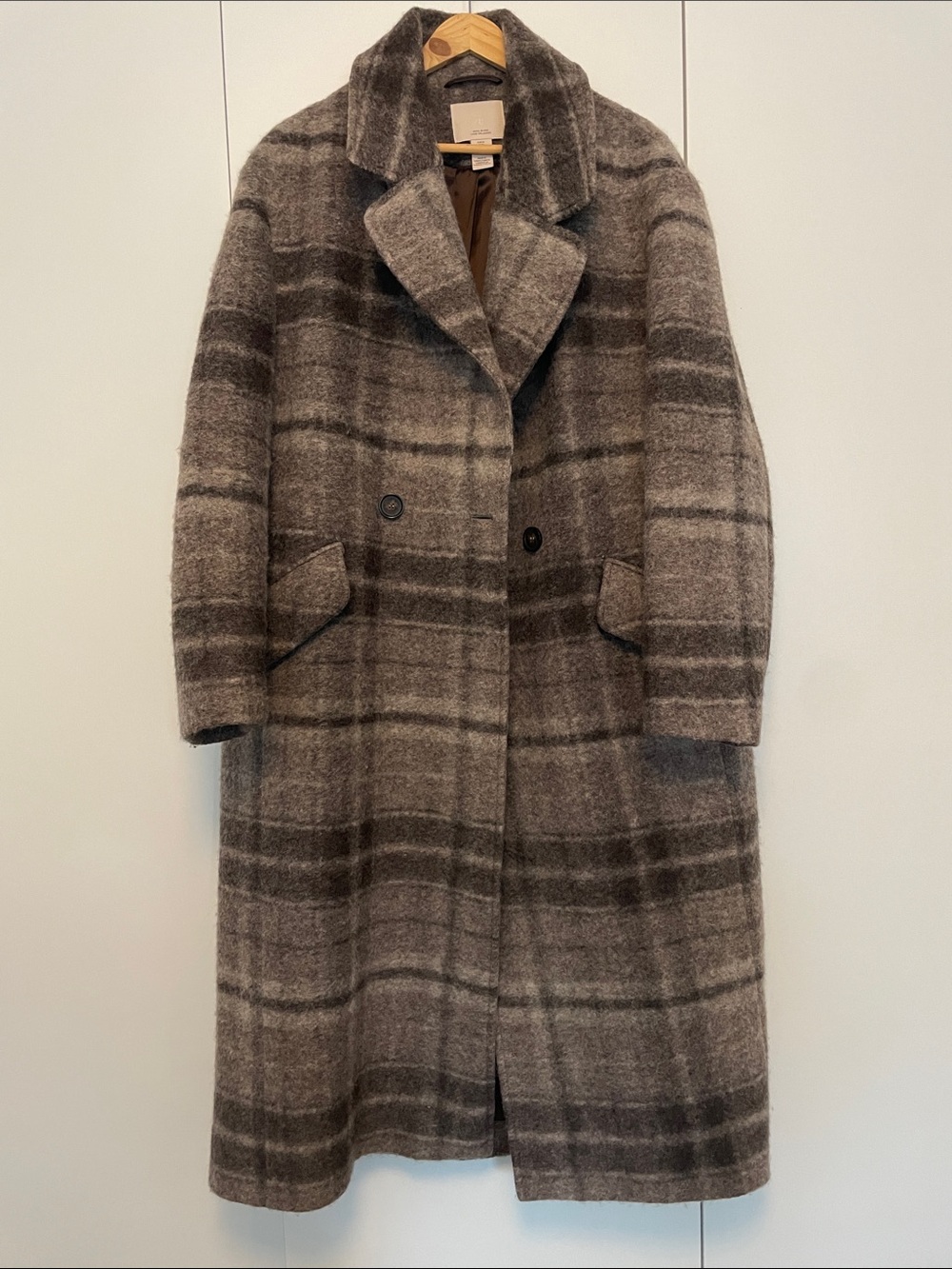 H&M Plaid Wool-Blend Double-Breasted Coat in Brown and Gray